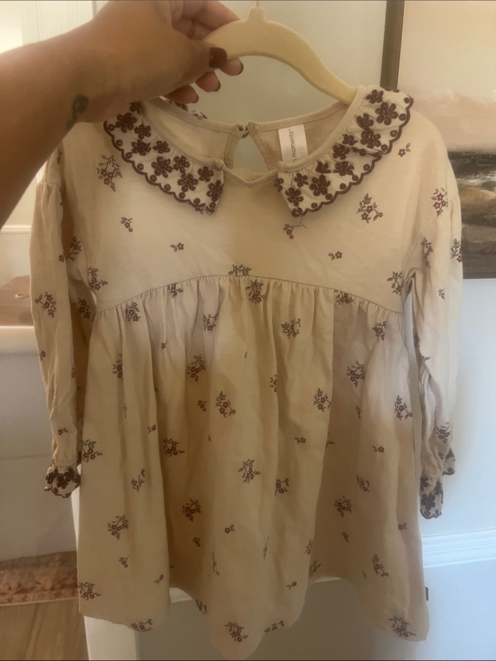 Cream Floral Long-Sleeve Embroidered Collar Dress for Girls
